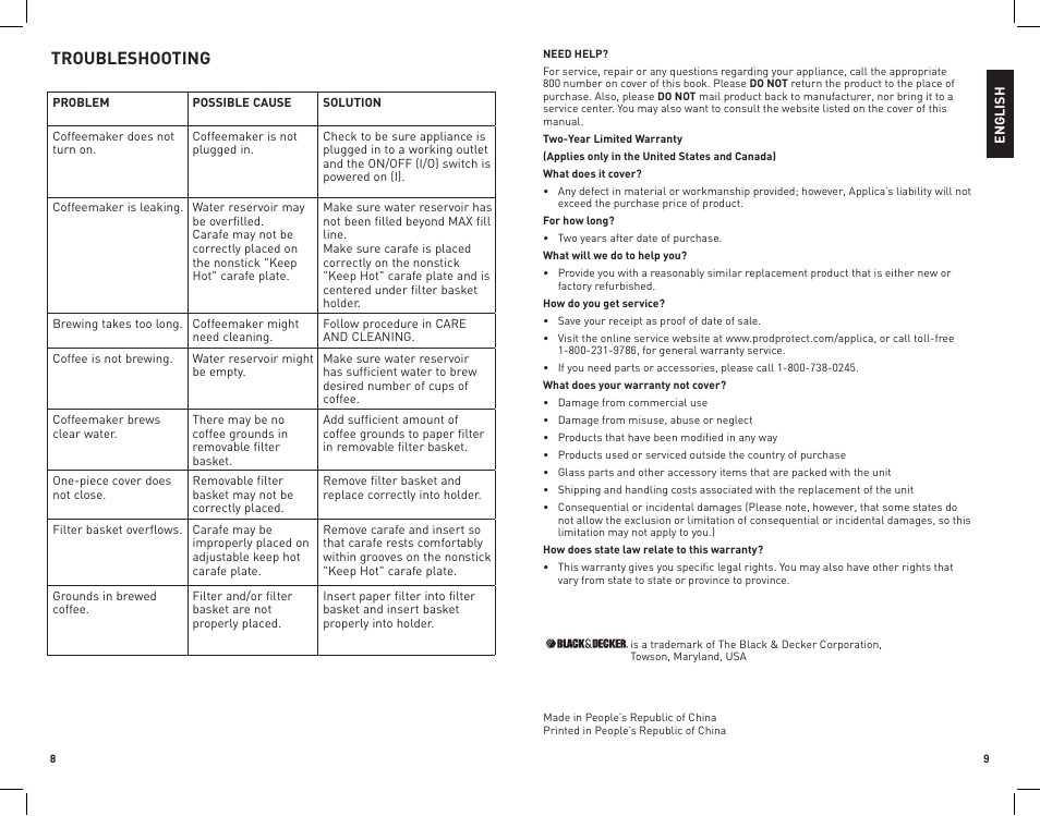 Troubleshooting | Black & Decker VersaBrew DCM1100W User Manual | Page 5 / 11