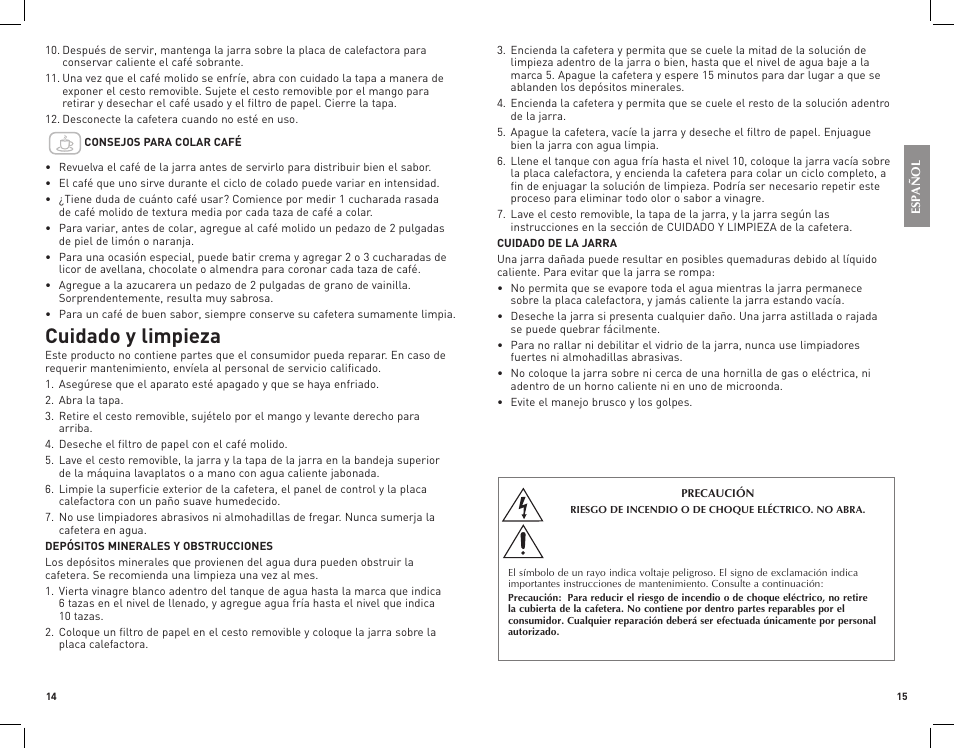 Cuidado y limpieza | Black & Decker VersaBrew DCM1100W User Manual | Page 8 / 11