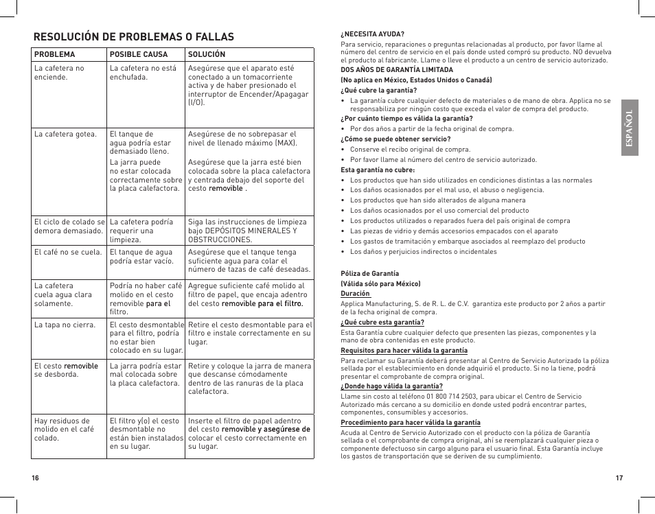 Resolución de problemas o fallas | Black & Decker VersaBrew DCM1100W User Manual | Page 9 / 11