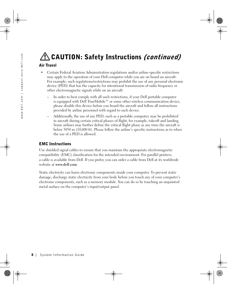 Air travel, Emc instructions, Caution: safety instructions (continued) | Dell Latitude X300 User Manual | Page 10 / 190