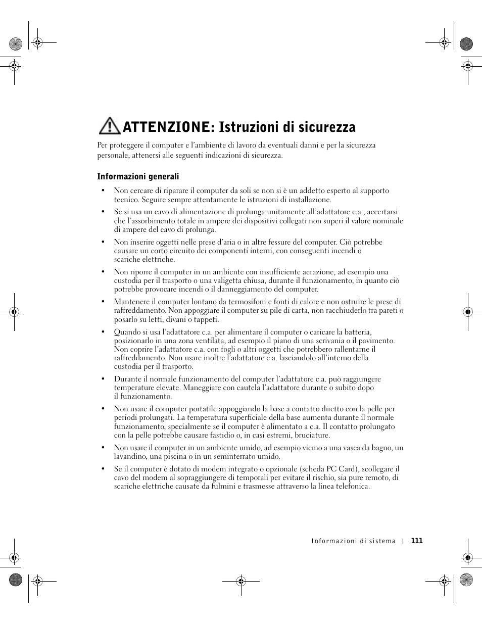 Attenzione: istruzioni di sicurezza, Informazioni generali | Dell Latitude X300 User Manual | Page 113 / 190