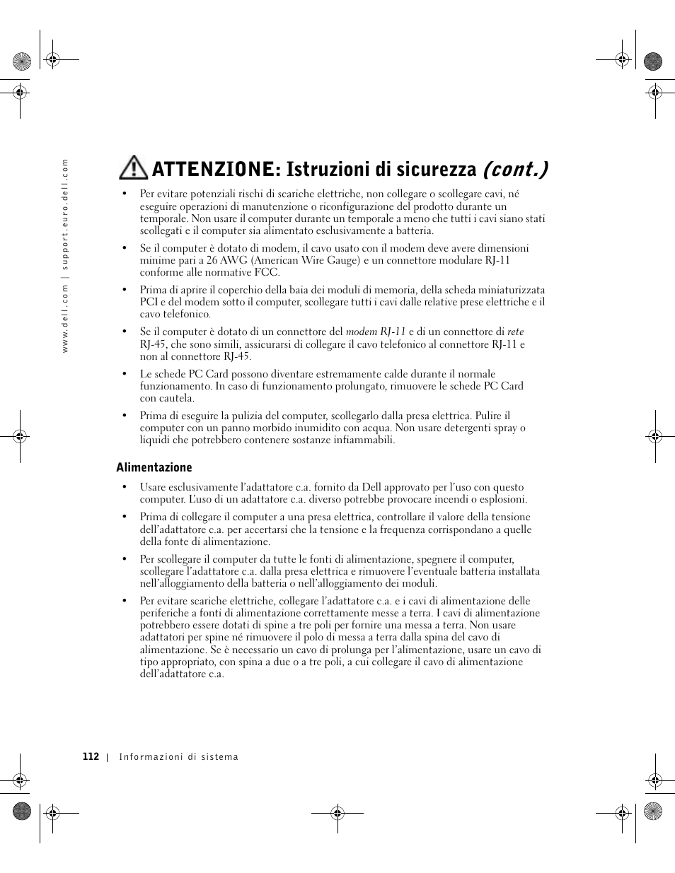 Alimentazione, Attenzione: istruzioni di sicurezza (cont.) | Dell Latitude X300 User Manual | Page 114 / 190