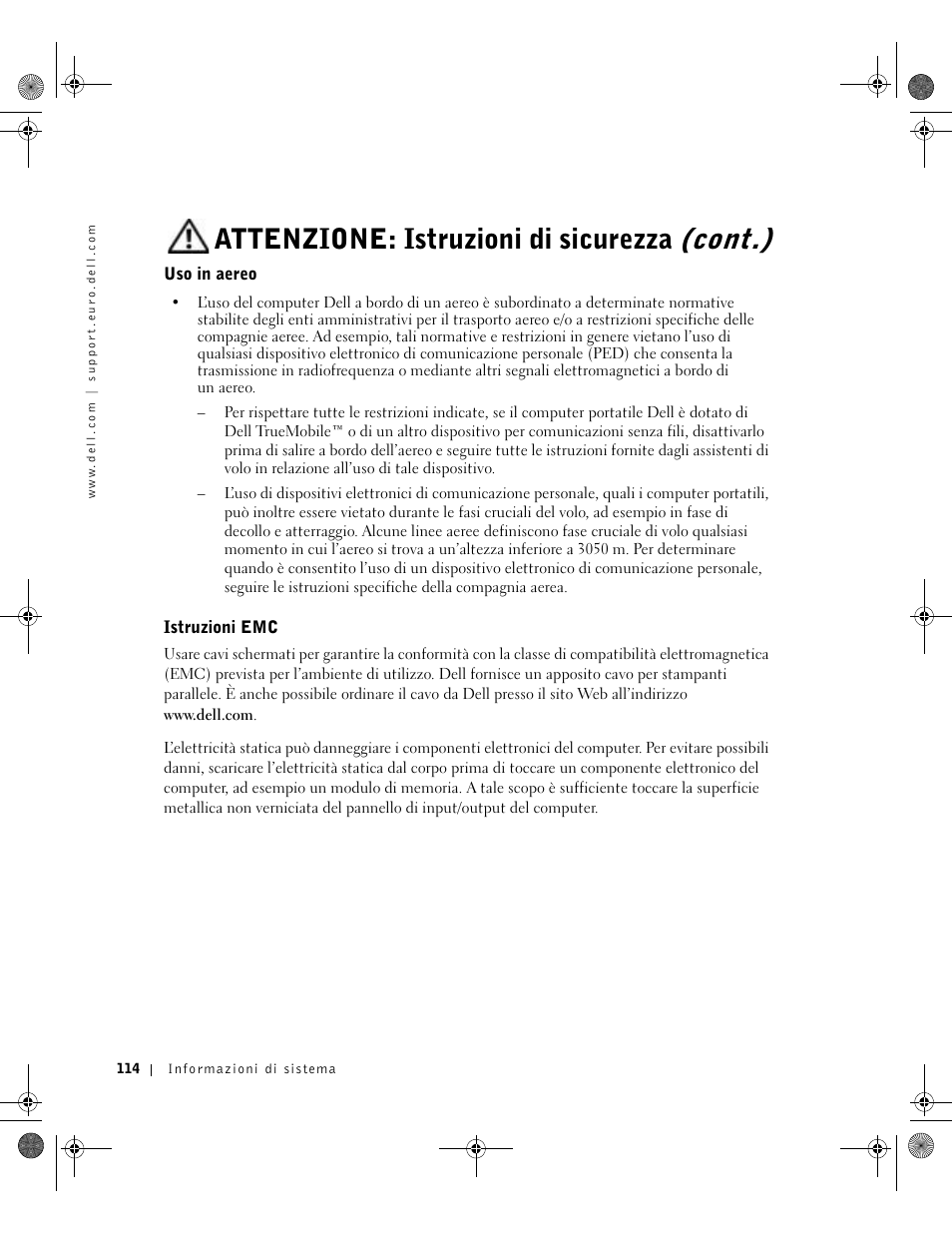 Uso in aereo, Istruzioni emc, Attenzione: istruzioni di sicurezza (cont.) | Dell Latitude X300 User Manual | Page 116 / 190