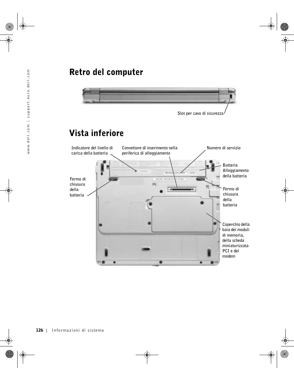 Retro del computer, Vista inferiore, Retro del computer vista inferiore | Dell Latitude X300 User Manual | Page 128 / 190