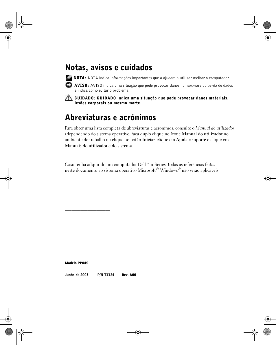 Notas, avisos e cuidados, Abreviaturas e acrónimos | Dell Latitude X300 User Manual | Page 138 / 190