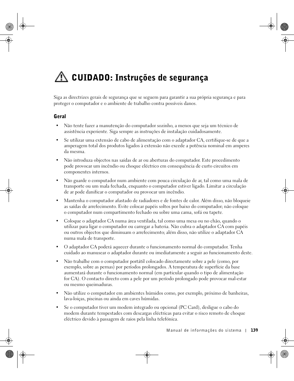 Cuidado: instruções de segurança, Geral | Dell Latitude X300 User Manual | Page 141 / 190