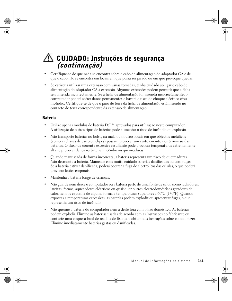 Bateria, Cuidado: instruções de segurança (continuação) | Dell Latitude X300 User Manual | Page 143 / 190