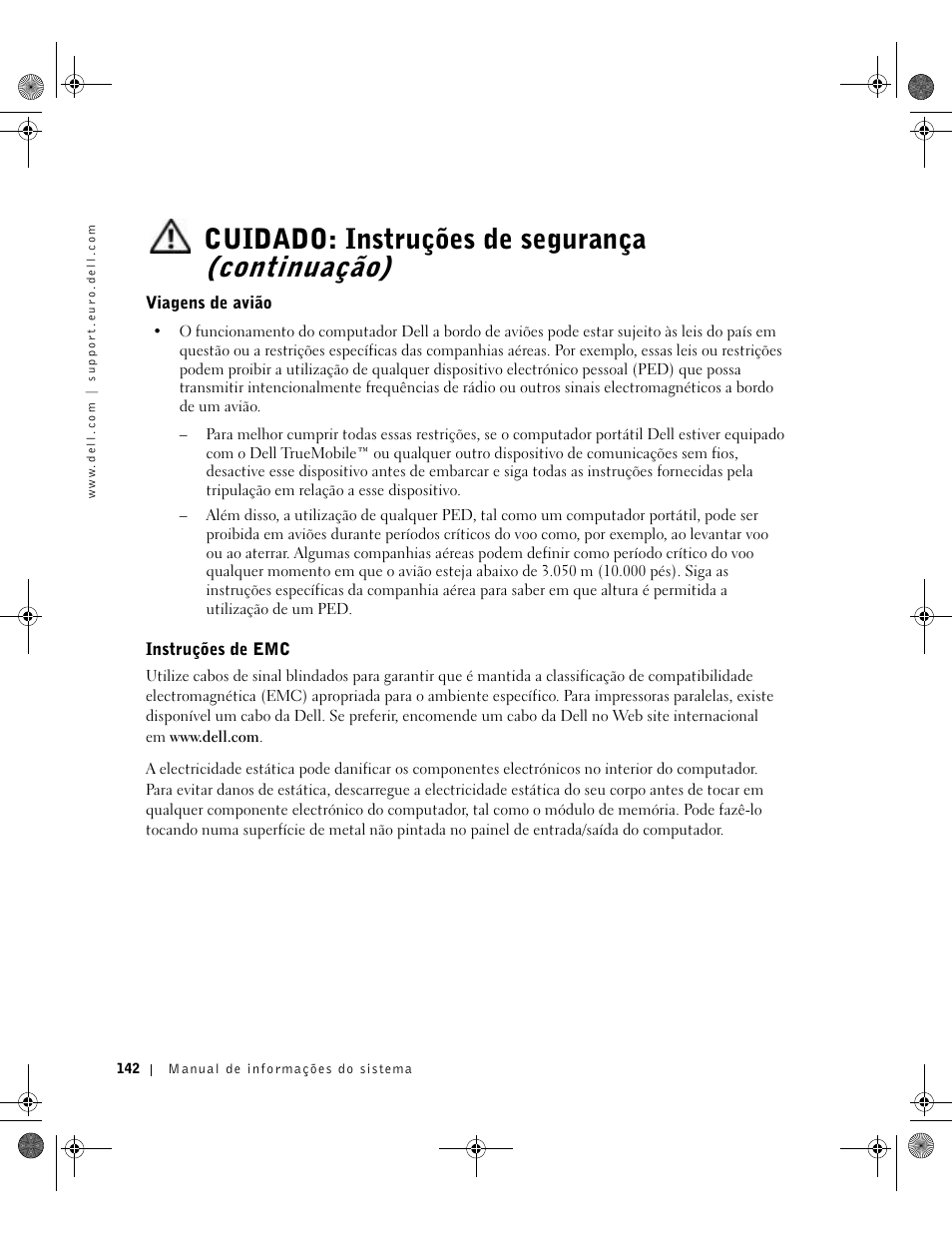 Viagens de avião, Instruções de emc, Cuidado: instruções de segurança (continuação) | Dell Latitude X300 User Manual | Page 144 / 190