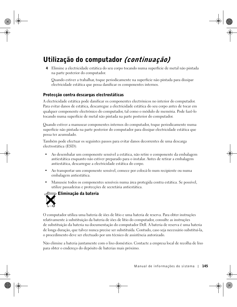 Protecção contra descargas electrostáticas, Eliminação da bateria, Utilização do computador (continuação) | Dell Latitude X300 User Manual | Page 147 / 190