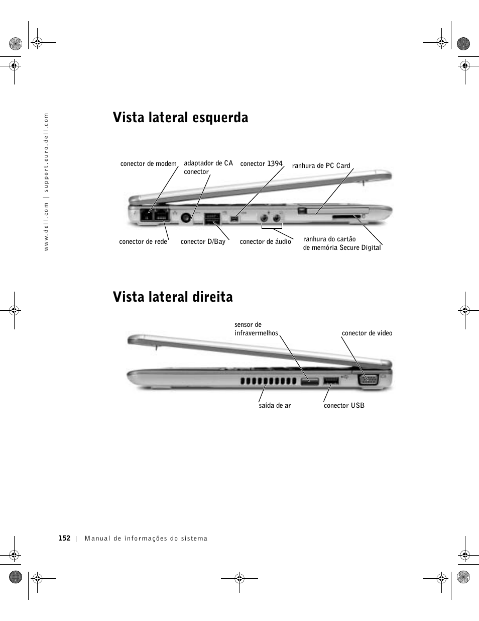 Vista lateral esquerda, Vista lateral direita, Vista lateral esquerda vista lateral direita | Dell Latitude X300 User Manual | Page 154 / 190