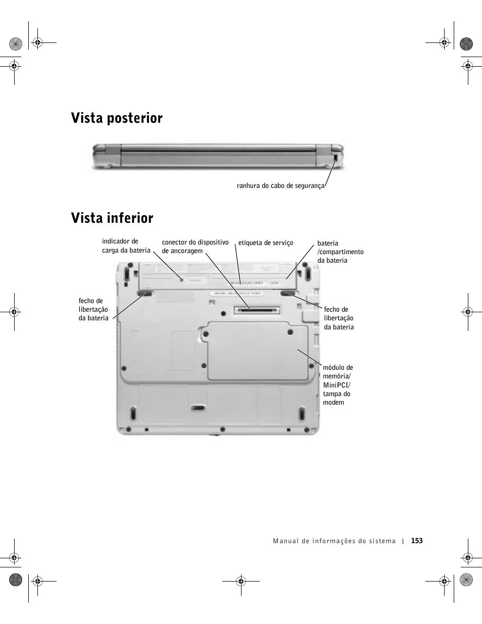 Vista posterior, Vista inferior, Vista posterior vista inferior | Dell Latitude X300 User Manual | Page 155 / 190