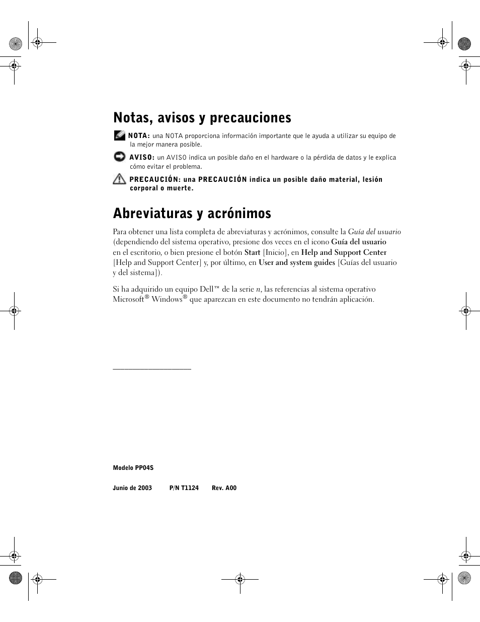 Notas, avisos y precauciones, Abreviaturas y acrónimos | Dell Latitude X300 User Manual | Page 164 / 190