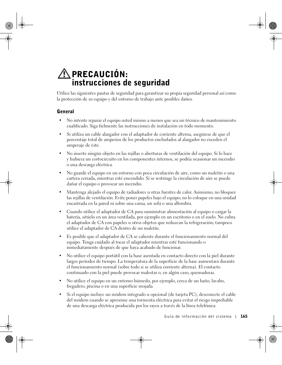 Precaución: instrucciones de seguridad, General | Dell Latitude X300 User Manual | Page 167 / 190