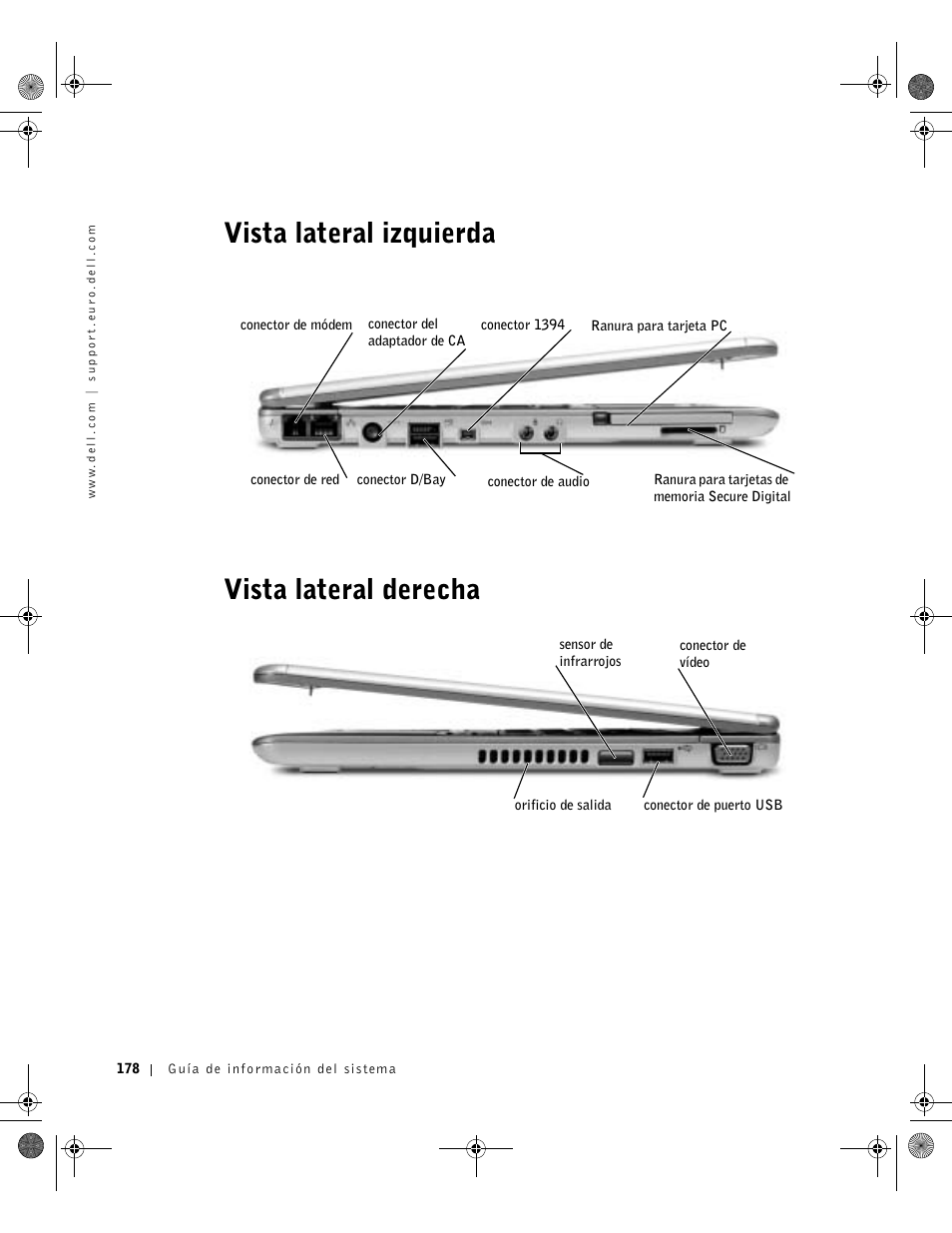 Vista lateral izquierda, Vista lateral derecha, Vista lateral izquierda vista lateral derecha | Dell Latitude X300 User Manual | Page 180 / 190