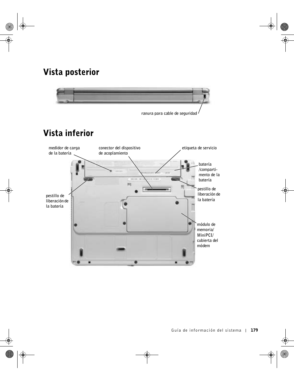 Vista posterior, Vista inferior, Vista posterior vista inferior | Dell Latitude X300 User Manual | Page 181 / 190