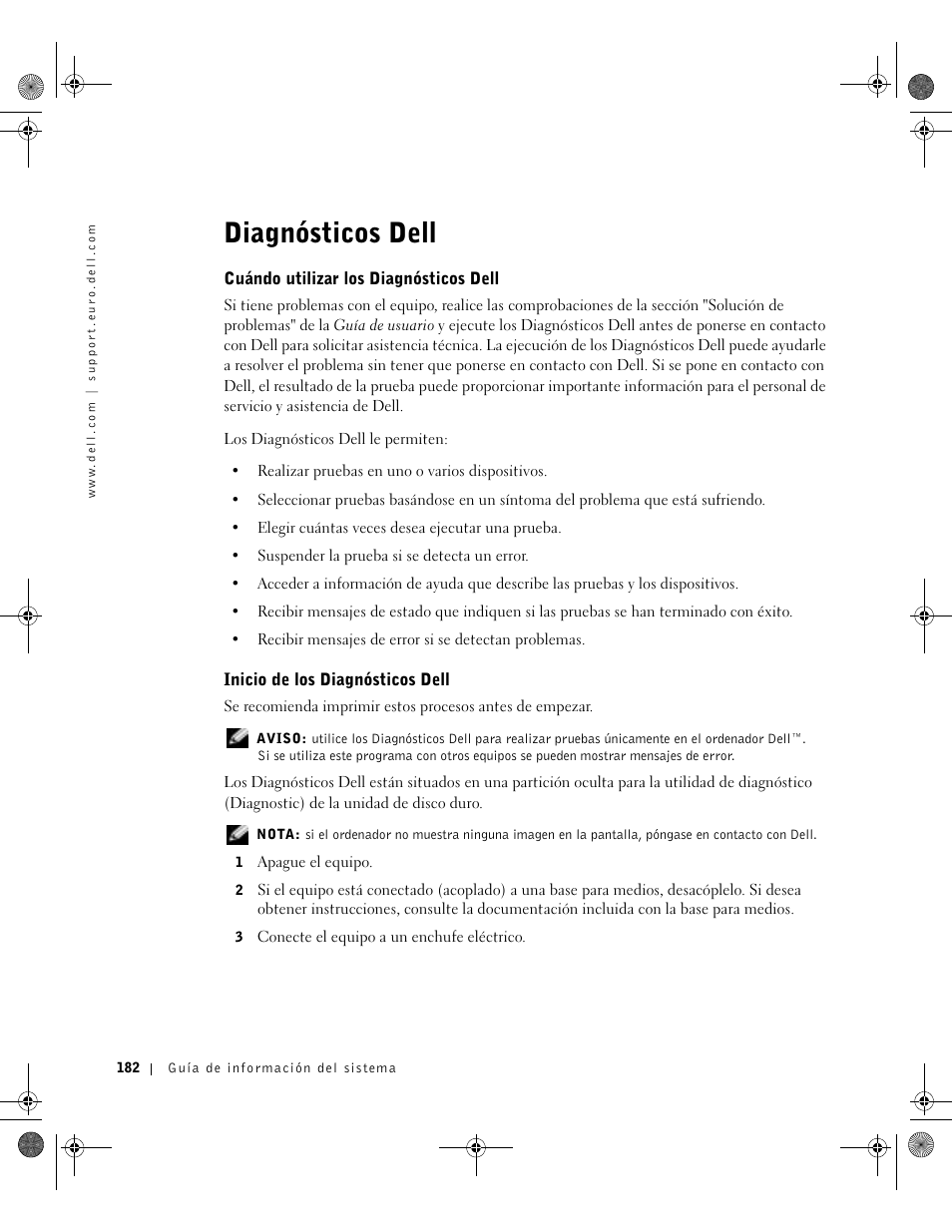 Diagnósticos dell, Cuándo utilizar los diagnósticos dell, Inicio de los diagnósticos dell | Dell Latitude X300 User Manual | Page 184 / 190