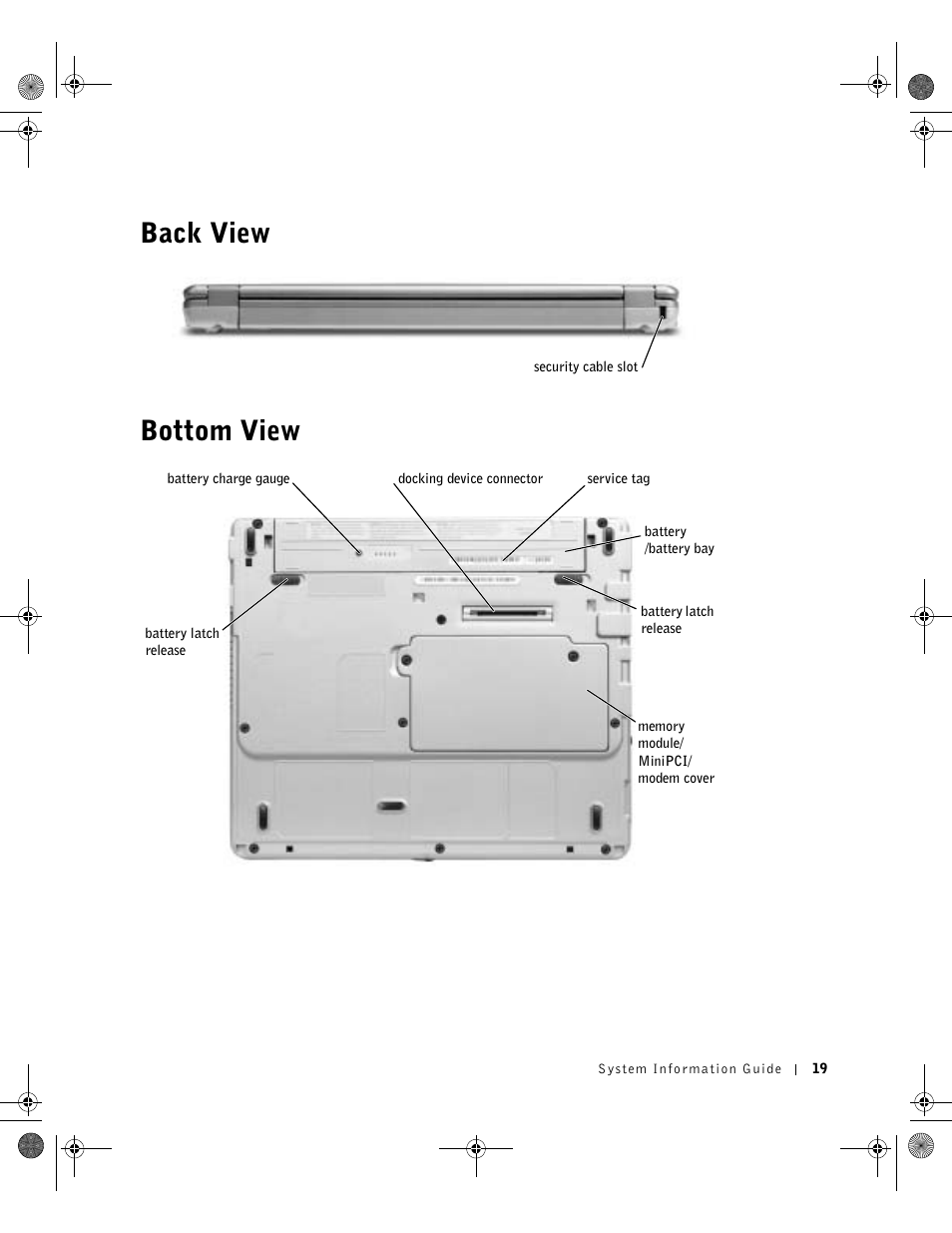 Back view, Bottom view, Back view bottom view | Dell Latitude X300 User Manual | Page 21 / 190