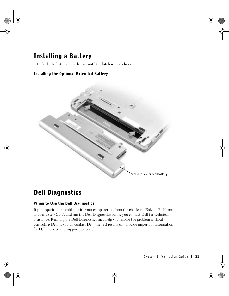 Installing a battery, Installing the optional extended battery, Dell diagnostics | When to use the dell diagnostics | Dell Latitude X300 User Manual | Page 23 / 190