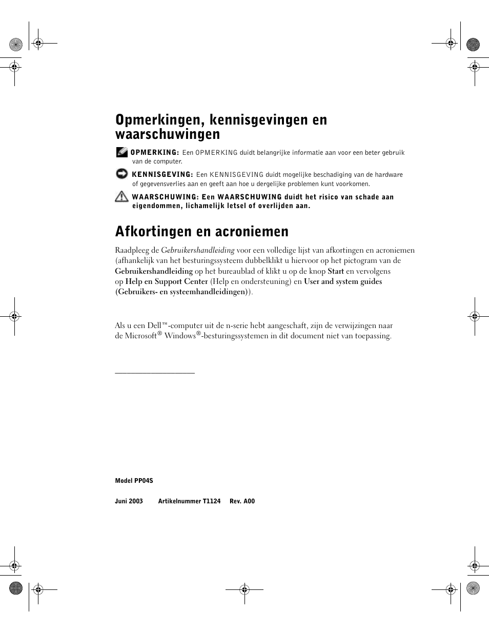 Opmerkingen, kennisgevingen en waarschuwingen, Afkortingen en acroniemen | Dell Latitude X300 User Manual | Page 30 / 190