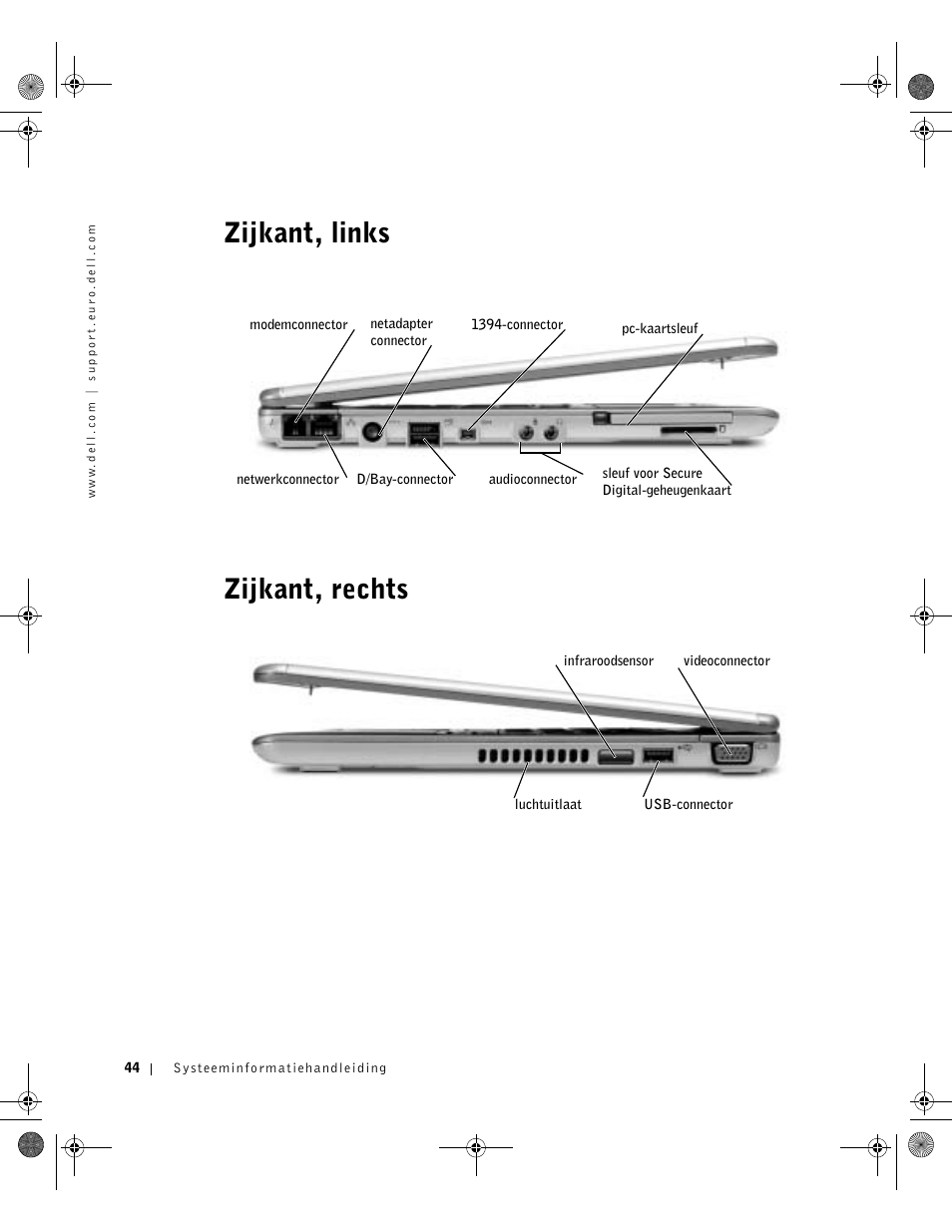 Zijkant, links, Zijkant, rechts, Zijkant, links zijkant, rechts | Dell Latitude X300 User Manual | Page 46 / 190