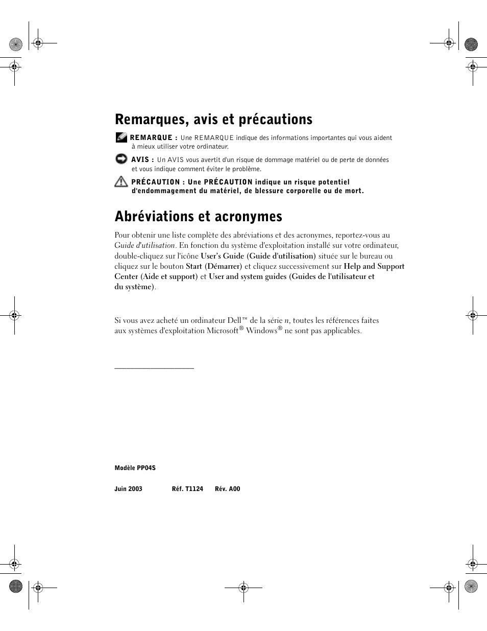 Remarques, avis et précautions, Abréviations et acronymes | Dell Latitude X300 User Manual | Page 56 / 190