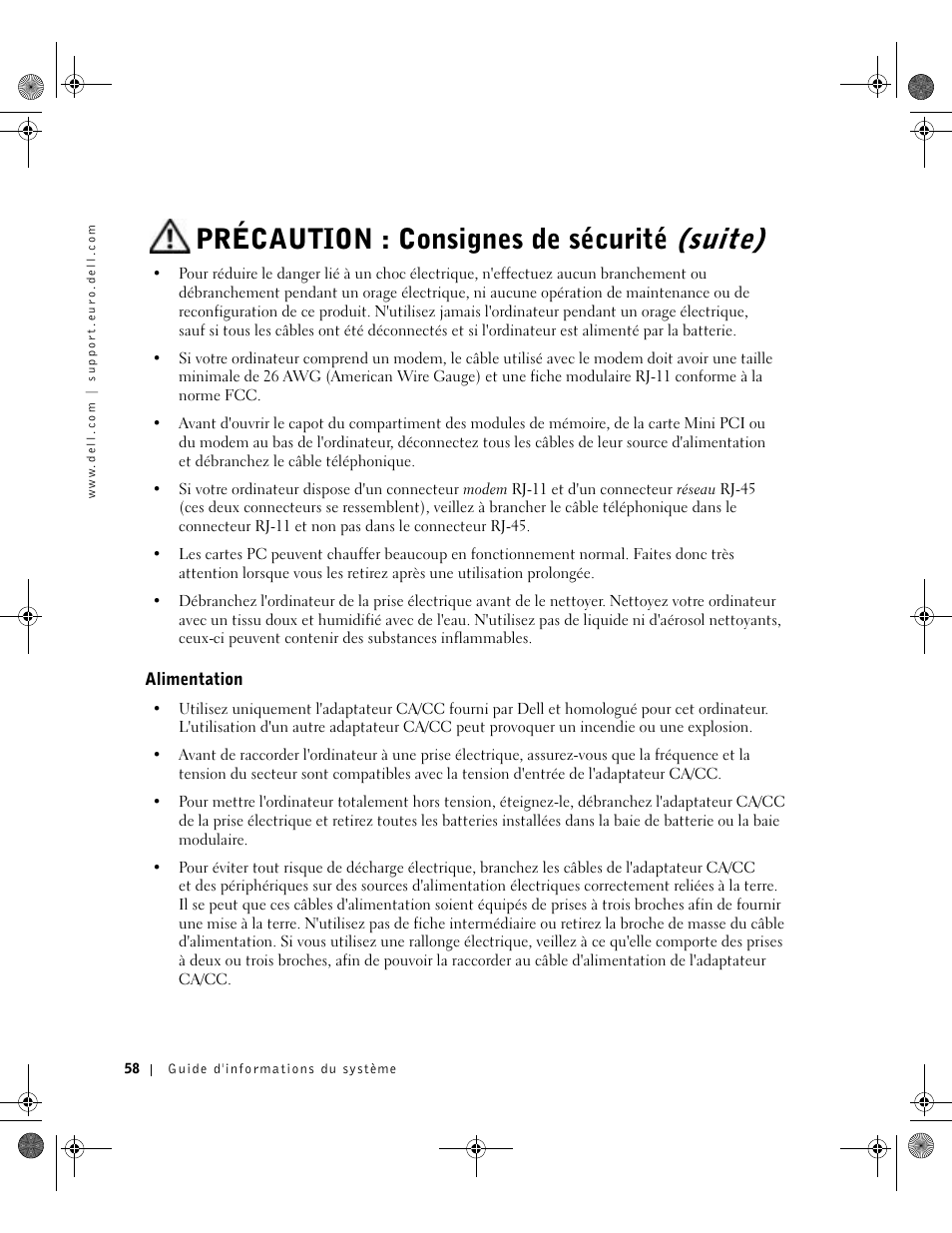Alimentation, Précaution : consignes de sécurité (suite) | Dell Latitude X300 User Manual | Page 60 / 190