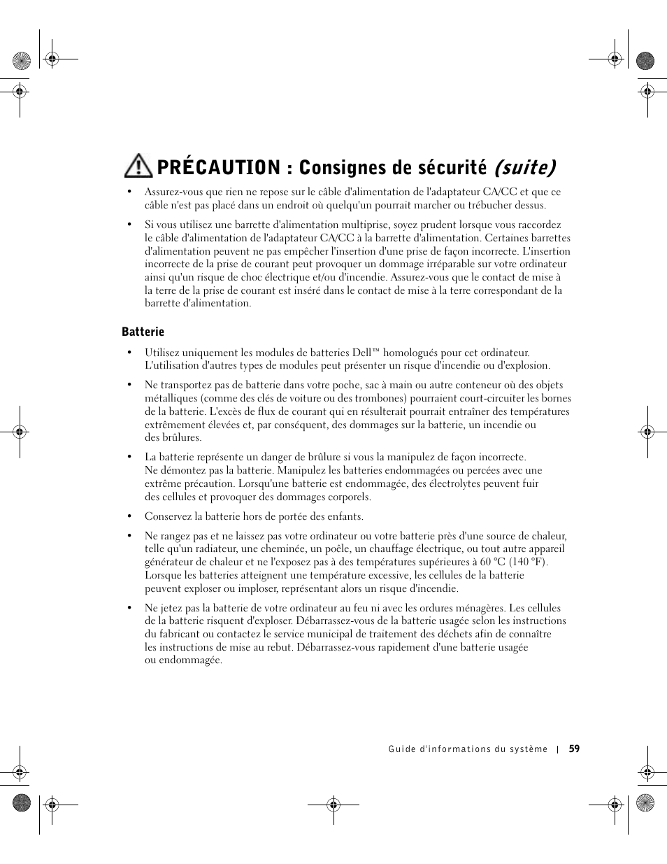 Batterie, Précaution : consignes de sécurité (suite) | Dell Latitude X300 User Manual | Page 61 / 190