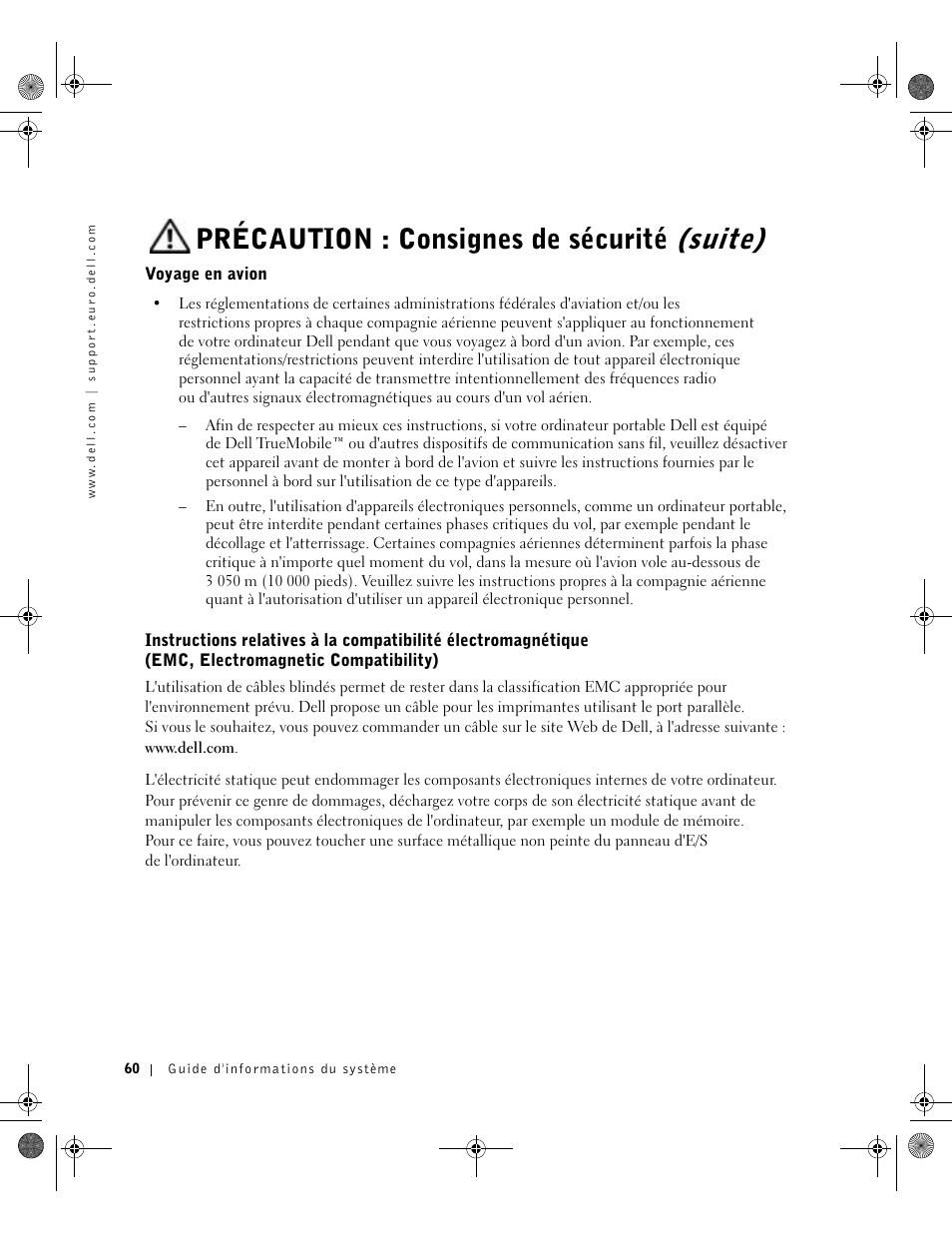 Voyage en avion, Oyage en avion, Précaution : consignes de sécurité (suite) | Dell Latitude X300 User Manual | Page 62 / 190