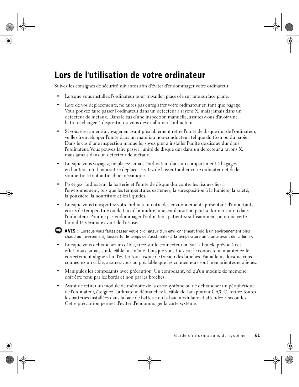 Lors de l'utilisation de votre ordinateur, Ors de l'utilisation de votre ordinateur | Dell Latitude X300 User Manual | Page 63 / 190