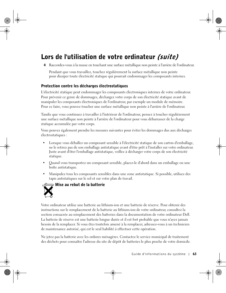 Protection contre les décharges électrostatiques, Mise au rebut de la batterie, Rotection contre les décharges électrostatiques | Lors de l'utilisation de votre ordinateur (suite) | Dell Latitude X300 User Manual | Page 65 / 190