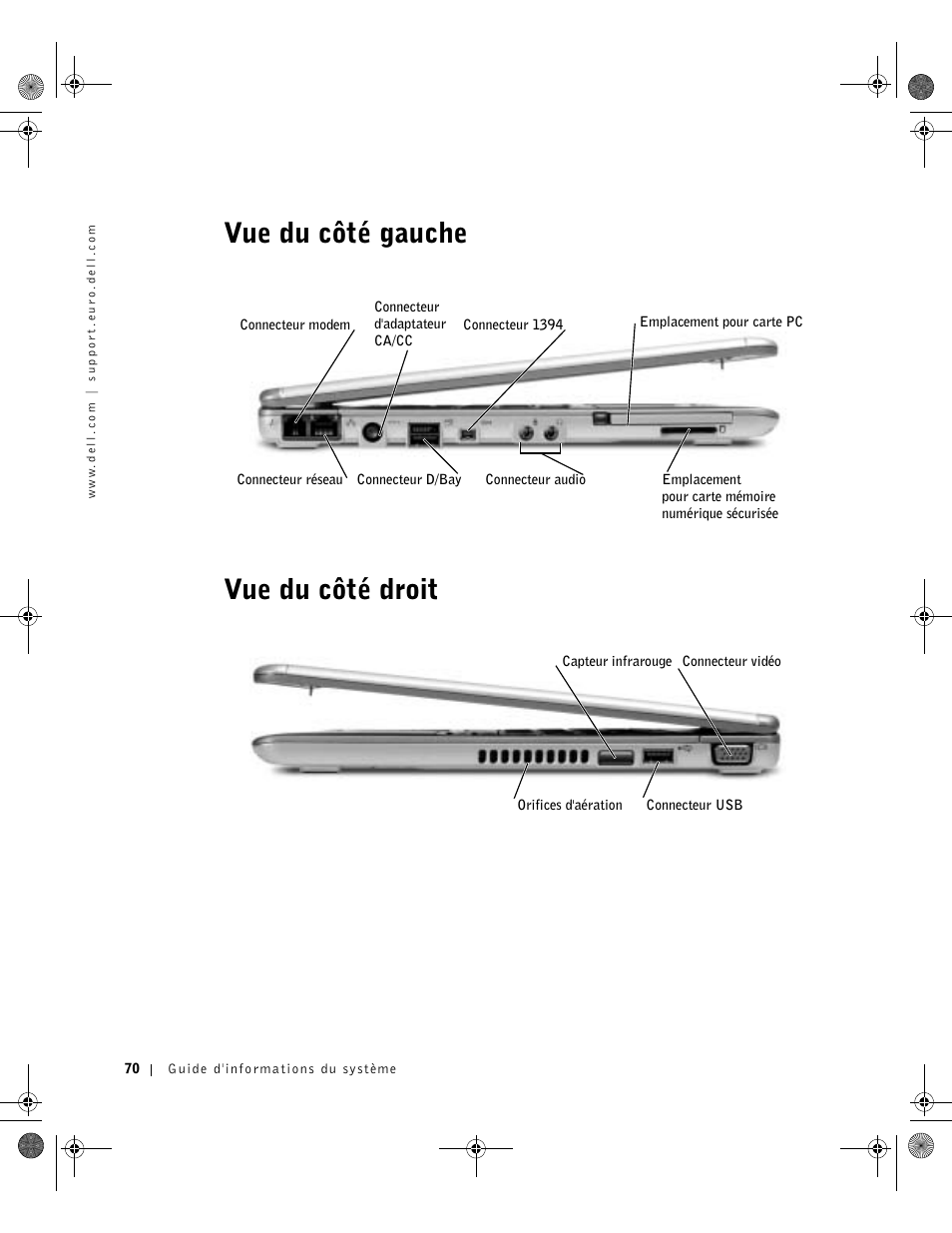 Vue du côté gauche, Vue du côté droit, Ue du côté gauche | Ue du côté droit, Vue du côté gauche vue du côté droit | Dell Latitude X300 User Manual | Page 72 / 190