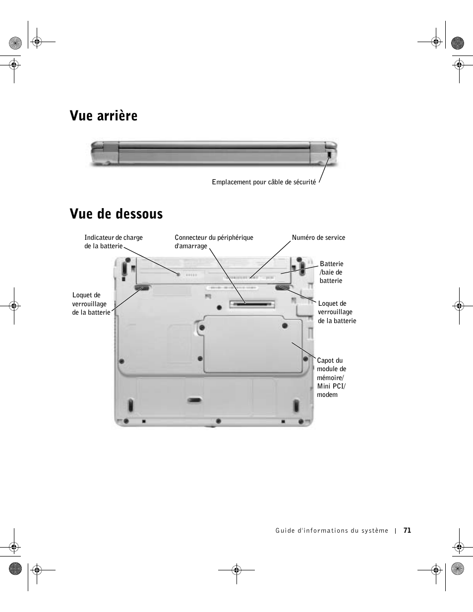 Vue arrière, Vue de dessous, Ue arrière | E de dessous, Vue arrière vue de dessous | Dell Latitude X300 User Manual | Page 73 / 190