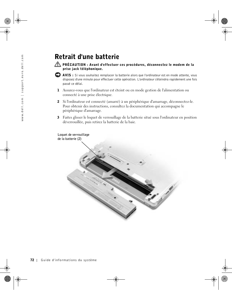 Retrait d'une batterie, Trait d'une batterie | Dell Latitude X300 User Manual | Page 74 / 190