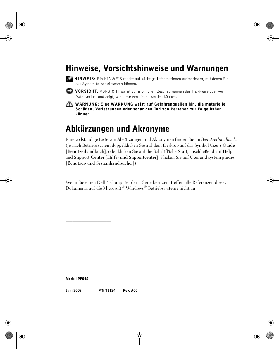 Hinweise, vorsichtshinweise und warnungen, Abkürzungen und akronyme | Dell Latitude X300 User Manual | Page 82 / 190