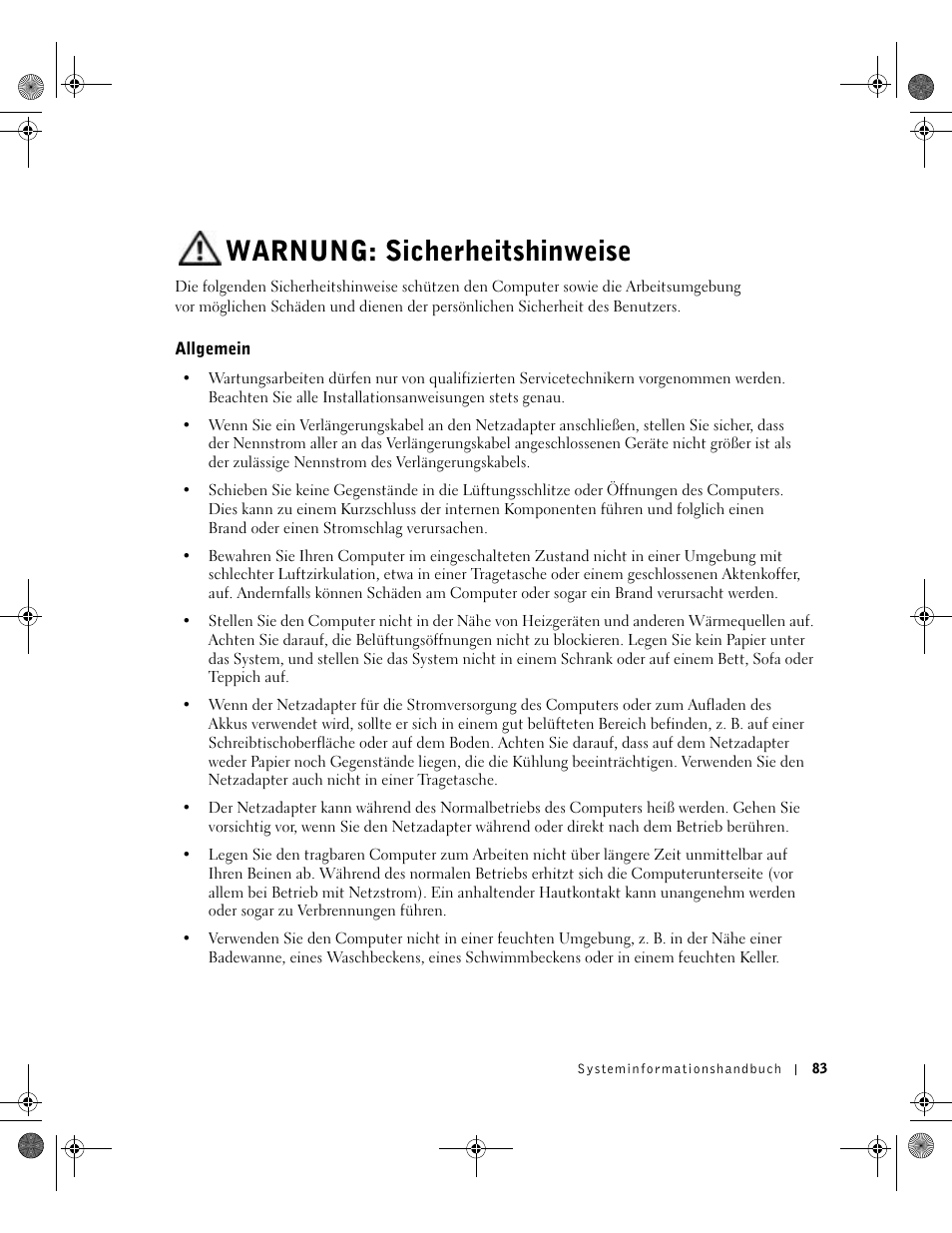 Warnung: sicherheitshinweise, Allgemein | Dell Latitude X300 User Manual | Page 85 / 190