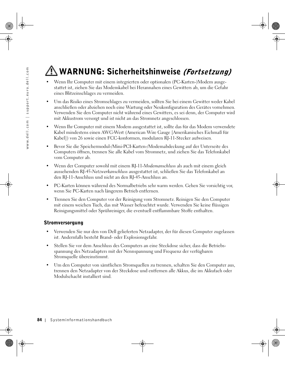 Stromversorgung, Warnung: sicherheitshinweise, Fortsetzung) | Dell Latitude X300 User Manual | Page 86 / 190