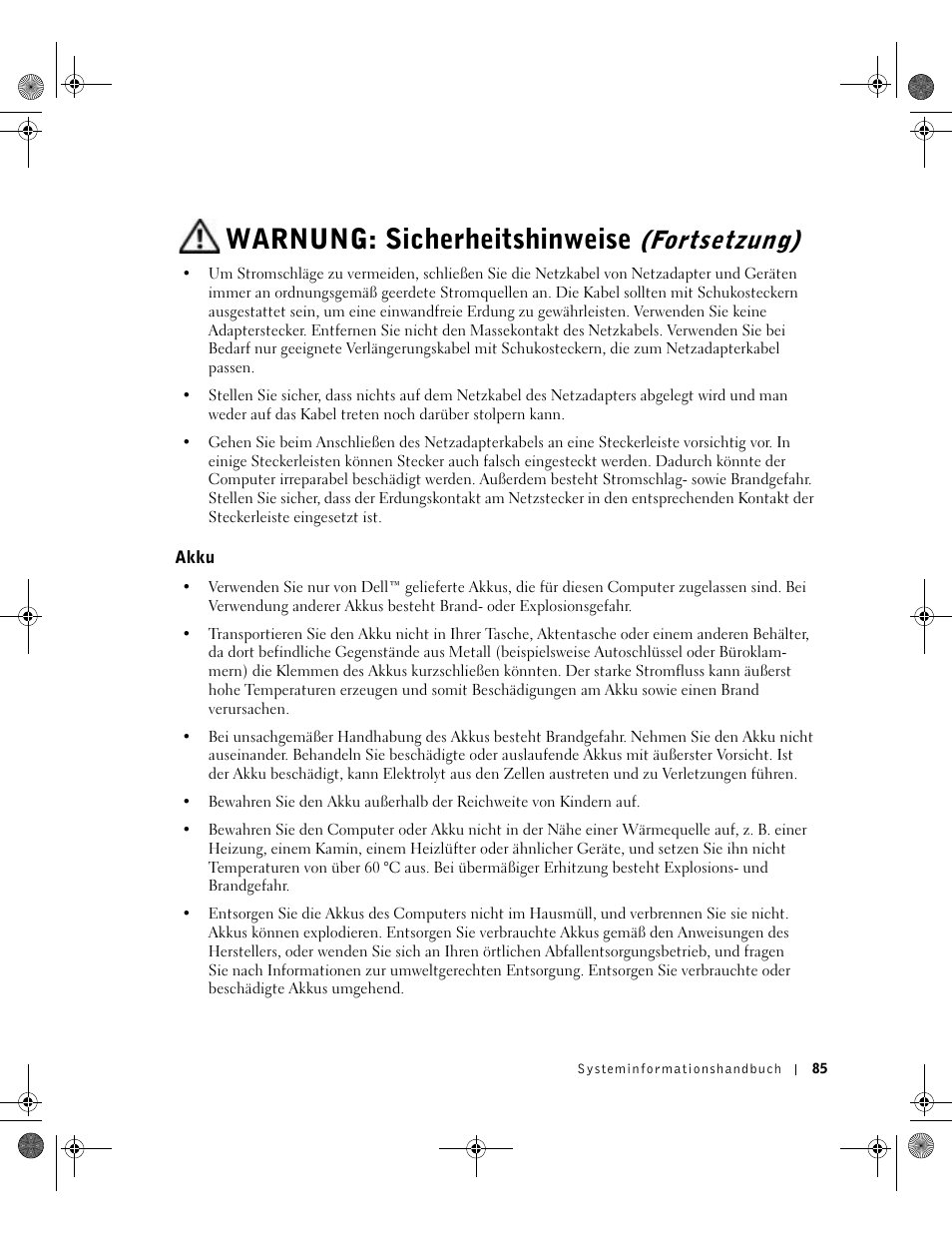Akku, Warnung: sicherheitshinweise, Fortsetzung) | Dell Latitude X300 User Manual | Page 87 / 190