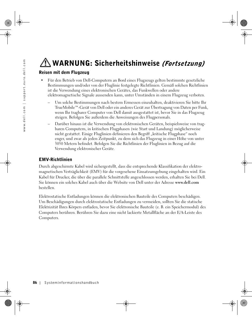 Reisen mit dem flugzeug, Emv-richtlinien, Warnung: sicherheitshinweise | Fortsetzung) | Dell Latitude X300 User Manual | Page 88 / 190
