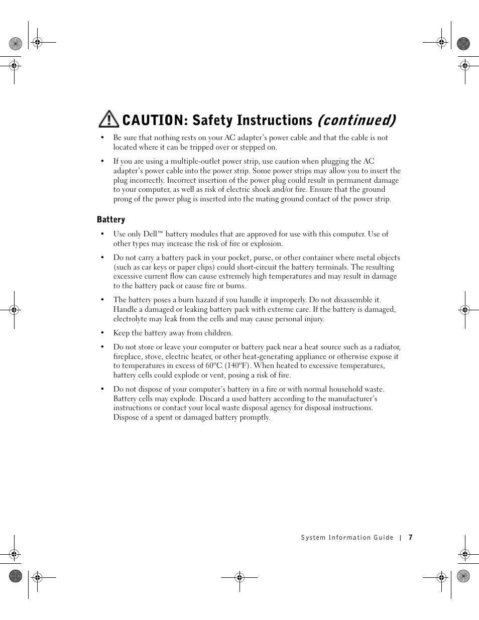 Battery, Caution: safety instructions (continued) | Dell Latitude X300 User Manual | Page 9 / 190