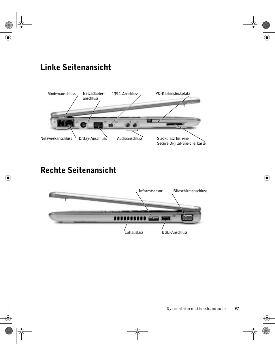 Linke seitenansicht, Rechte seitenansicht, Linke seitenansicht rechte seitenansicht | Dell Latitude X300 User Manual | Page 99 / 190