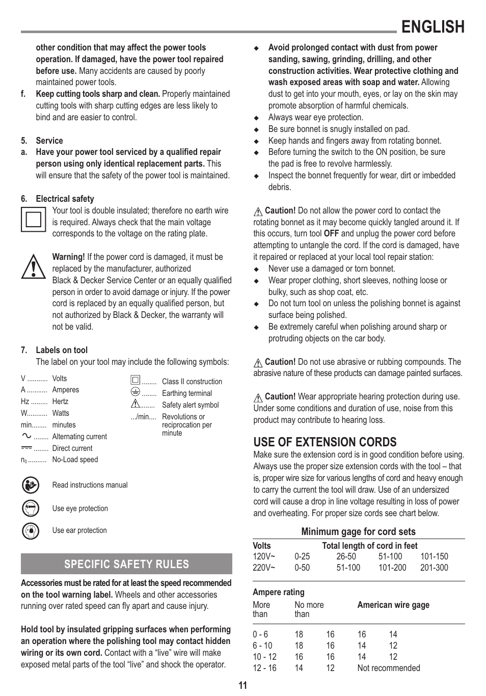 English, Use of extension cords, Specific safety rules | Black & Decker Linea Pro WP1500K User Manual | Page 11 / 13