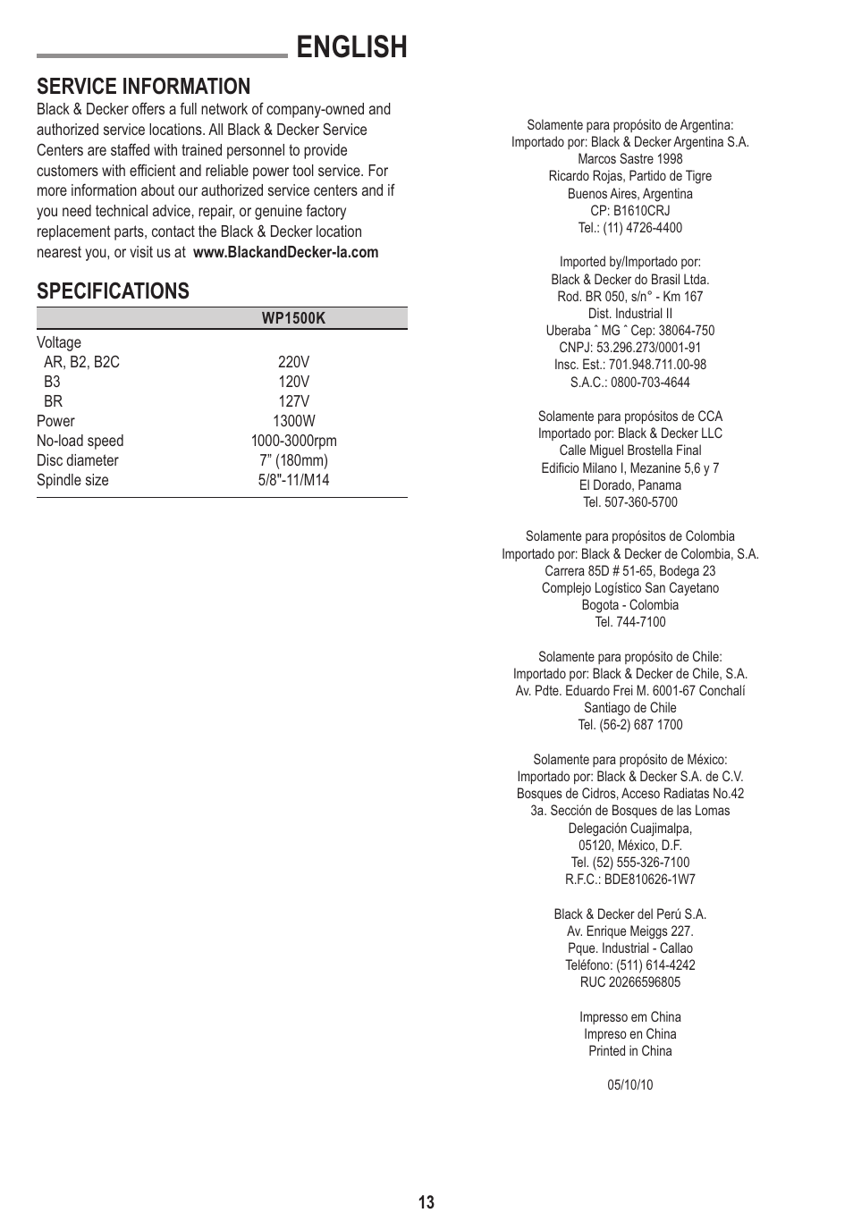 English, Service information, Specifications | Black & Decker Linea Pro WP1500K User Manual | Page 13 / 13