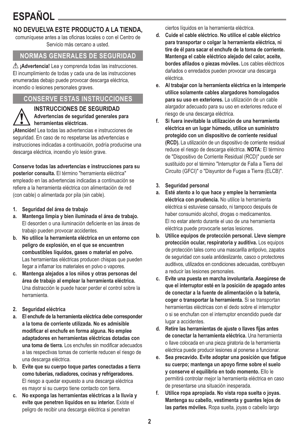 Español, No devuelva este producto a la tienda | Black & Decker Linea Pro WP1500K User Manual | Page 2 / 13