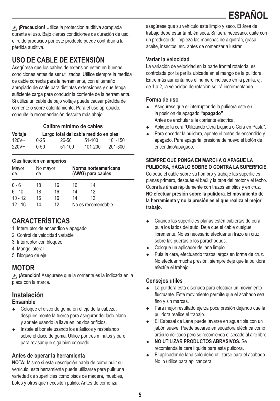 Español, Uso de cable de extensión, Características | Motor, Instalación | Black & Decker Linea Pro WP1500K User Manual | Page 5 / 13