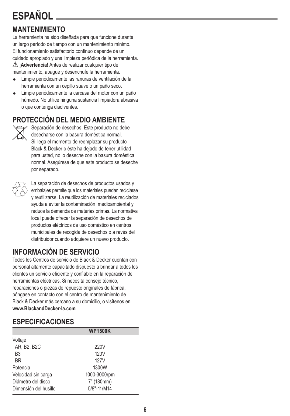 Español, Mantenimiento, Protección del medio ambiente | Información de servicio, Especificaciones | Black & Decker Linea Pro WP1500K User Manual | Page 6 / 13