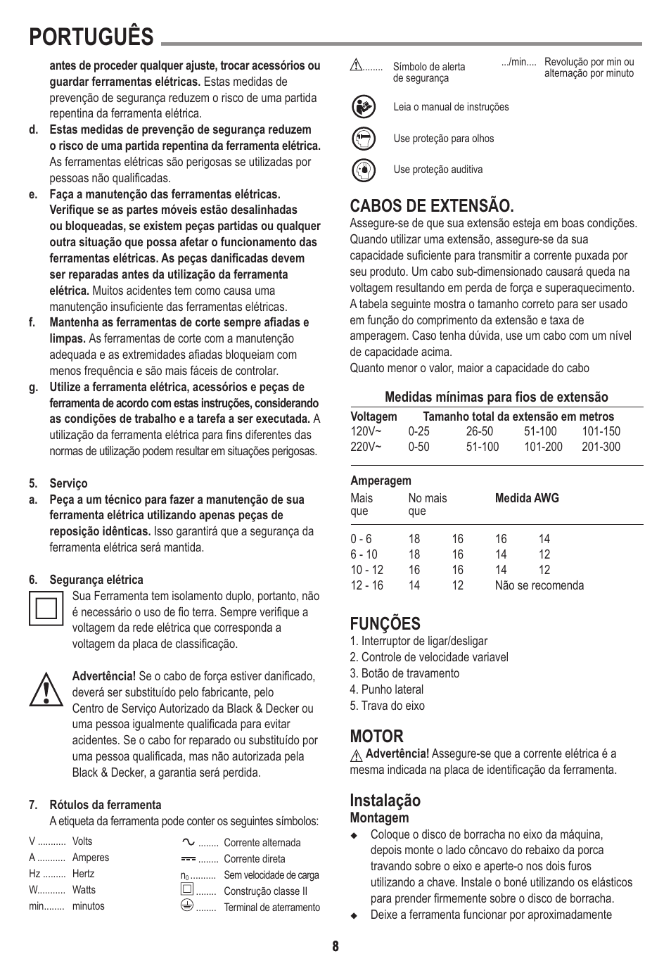 Português, Cabos de extensão, Funções | Motor, Instalação | Black & Decker Linea Pro WP1500K User Manual | Page 8 / 13