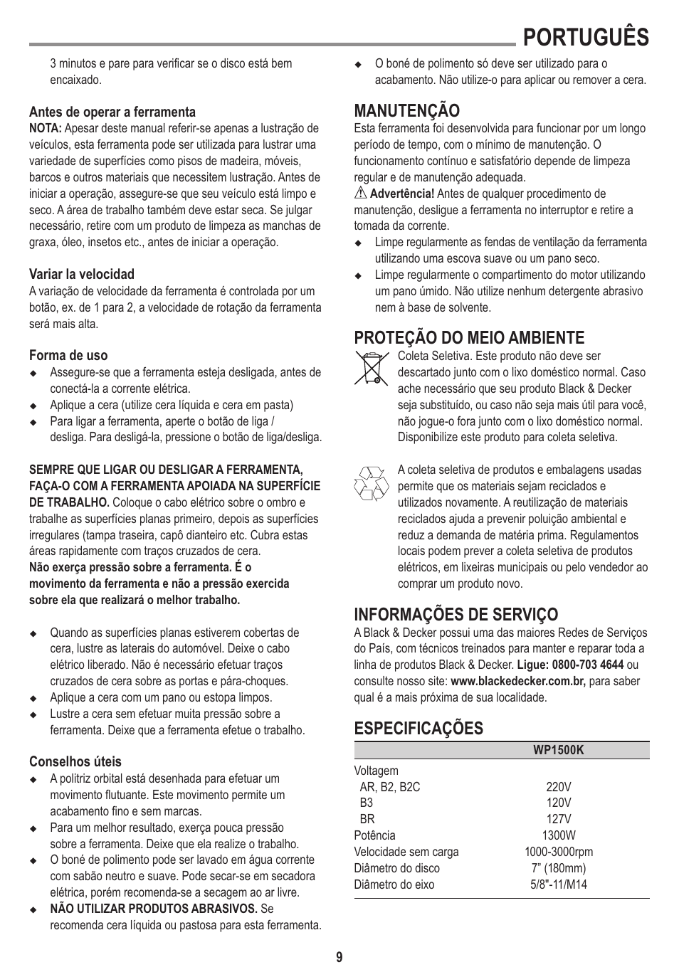 Português, Manutenção, Proteção do meio ambiente | Informações de serviço, Especificações | Black & Decker Linea Pro WP1500K User Manual | Page 9 / 13