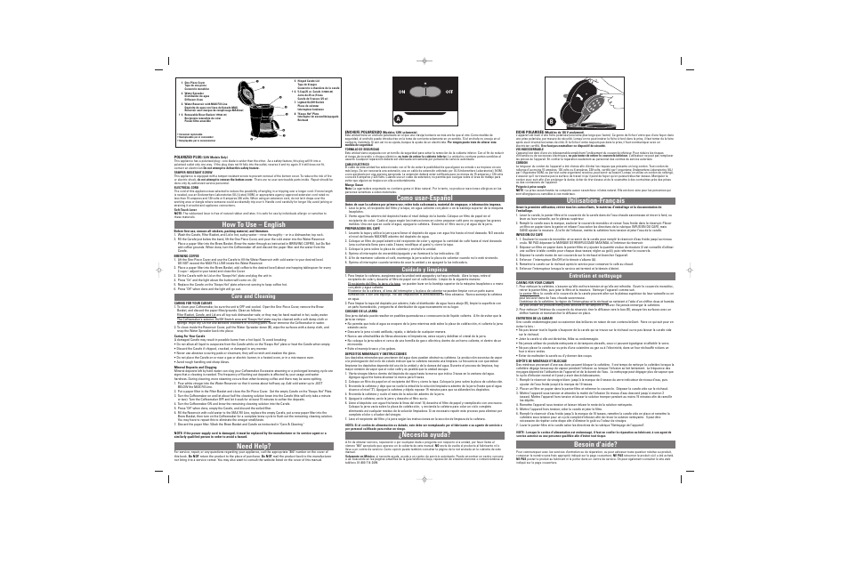 How to use – english, Como usar-español utilisation-français, Need help | Necesita ayuda, Besoin d’aide, Care and cleaning, Cuidado y limpieza entretien et nettoyage | Black & Decker BISTRO CM200 User Manual | Page 2 / 2