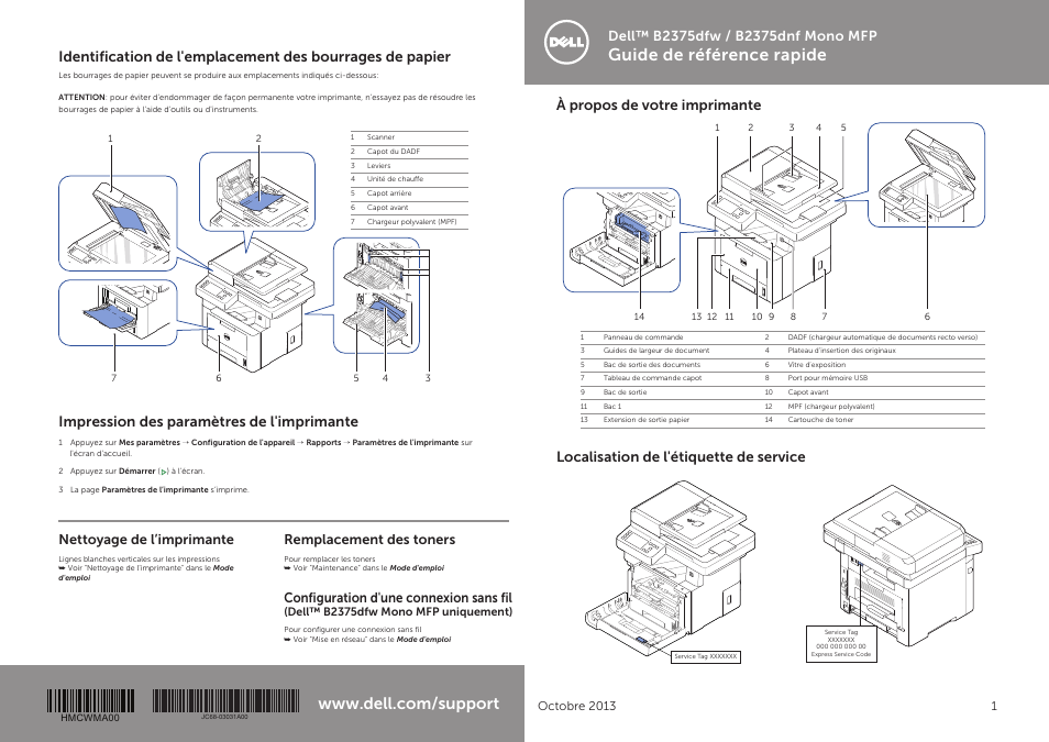 Guide de référence rapide, Impression des paramètres de l'imprimante, Nettoyage de l’imprimante | Remplacement des toners, Configuration d'une connexion sans fil | Dell B2375dnf Mono Multifunction Printer User Manual | Page 3 / 6