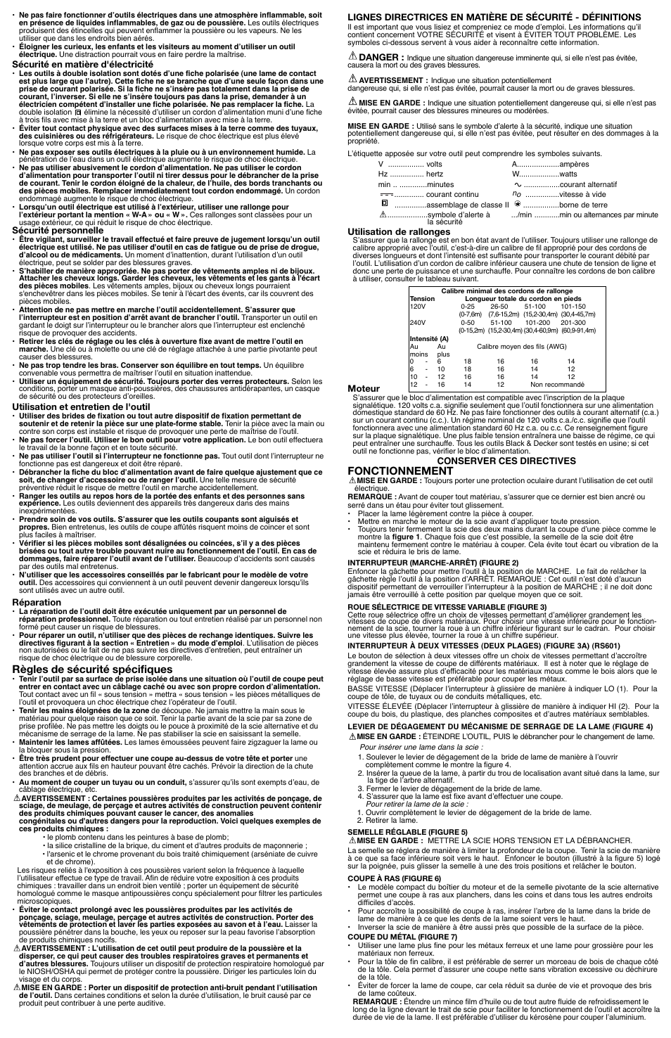 Règles de sécurité spécifiques, Fonctionnement | Black & Decker RS601 User Manual | Page 3 / 6